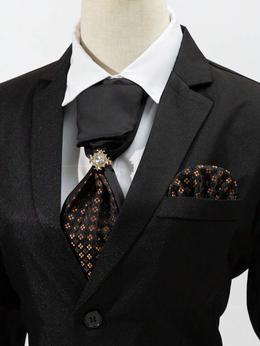 2pcs Black & Gold Jacquard Business Pocket Square Set With Gemstone For Men - Black - View 1