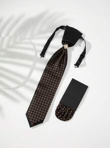 2pcs Black & Gold Jacquard Business Pocket Square Set With Gemstone For Men - Black - View 2