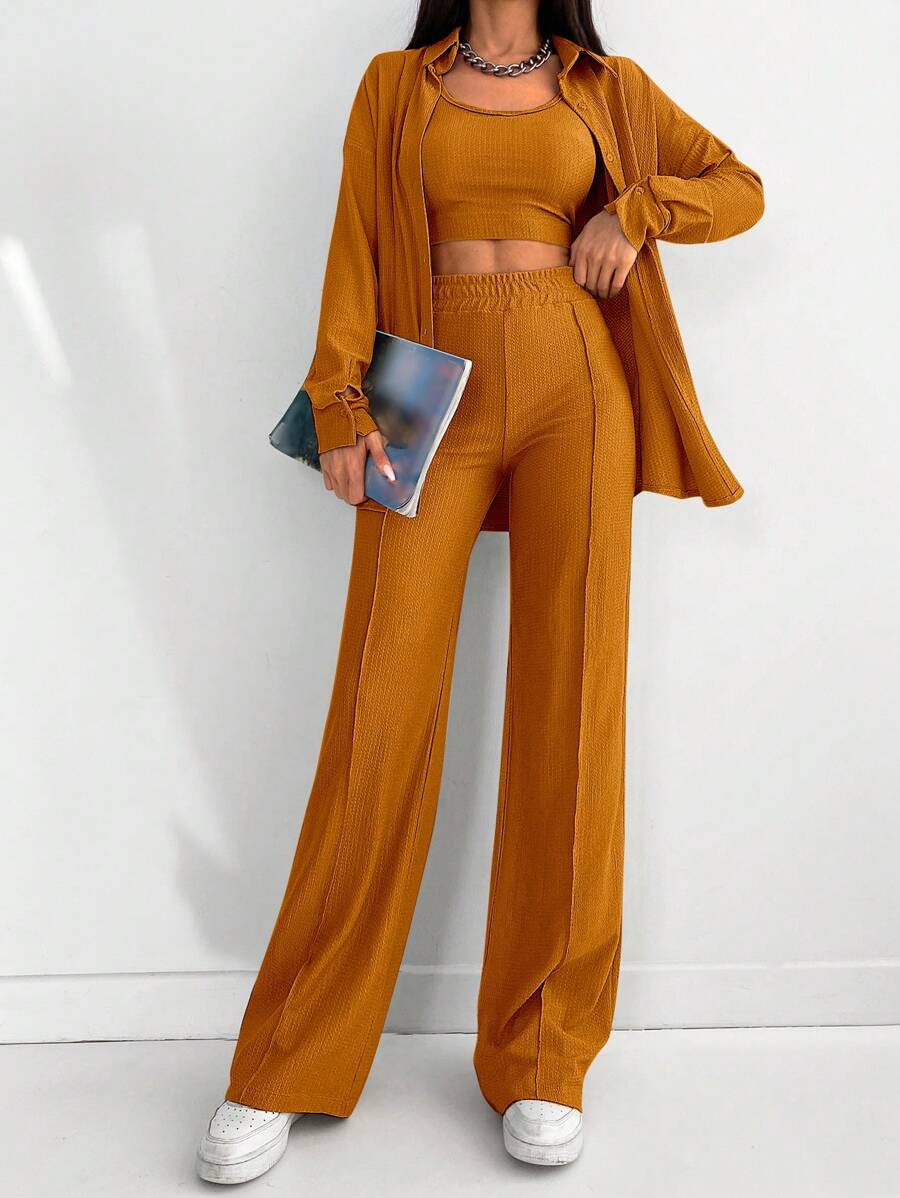 EURMUSE Ladies" Spring/Summer Solid Color Drop Shoulder Long Sleeve Shirt, Cropped Vest And Casual Pants 3pcs/Set - Orange - View 1