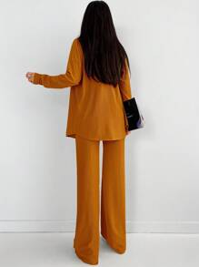 EURMUSE Ladies" Spring/Summer Solid Color Drop Shoulder Long Sleeve Shirt, Cropped Vest And Casual Pants 3pcs/Set - Orange - View 2