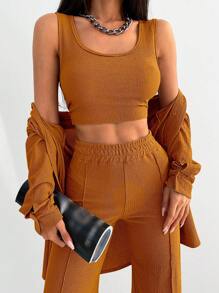 EURMUSE Ladies" Spring/Summer Solid Color Drop Shoulder Long Sleeve Shirt, Cropped Vest And Casual Pants 3pcs/Set - Orange - View 3