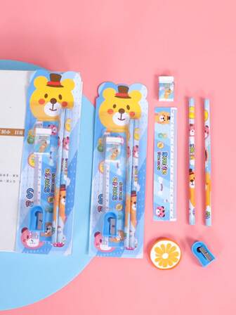 1入組學生鉛筆和橡皮擦鉛筆和卷筆刀和尺子卡通文具禮品套裝
