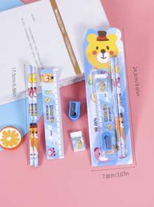 1入組學生鉛筆和橡皮擦鉛筆和卷筆刀和尺子卡通文具禮品套裝