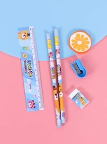 1入組學生鉛筆和橡皮擦鉛筆和卷筆刀和尺子卡通文具禮品套裝