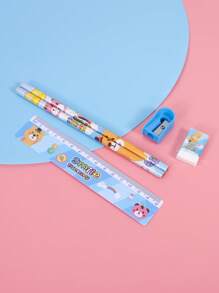 1入組學生鉛筆和橡皮擦鉛筆和卷筆刀和尺子卡通文具禮品套裝