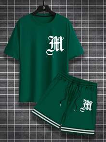 Manfinity Homme 男士字母圖案T恤和條紋飾邊短褲 - 綠色 - 查看 3