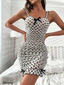 波點圖案褶邊網紗睡裙 - 白色 - 查看 1