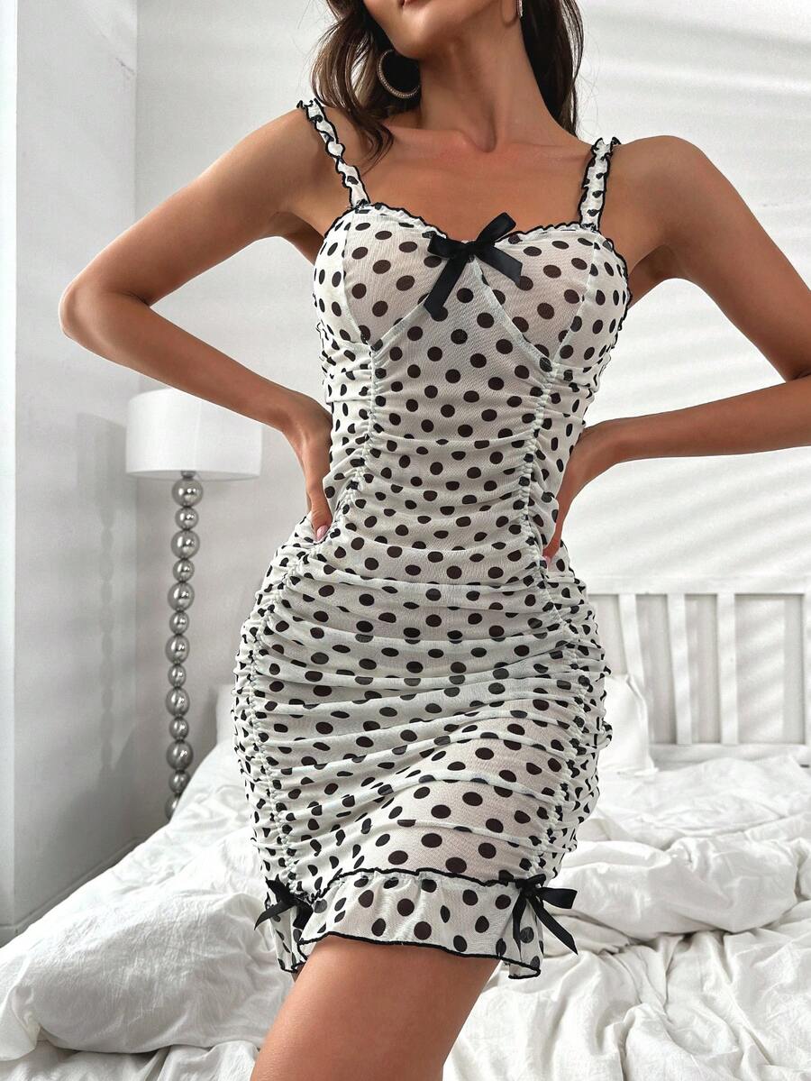 波點圖案褶邊網紗睡裙 - 白色 - 查看 1