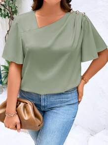 SHEIN Clasi 大碼不對稱領紐扣細節蝴蝶袖襯衫 - 綠色 - 查看 5