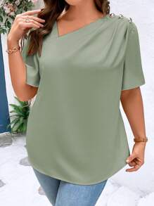 SHEIN Clasi 大碼不對稱領紐扣細節蝴蝶袖襯衫 - 綠色 - 查看 6