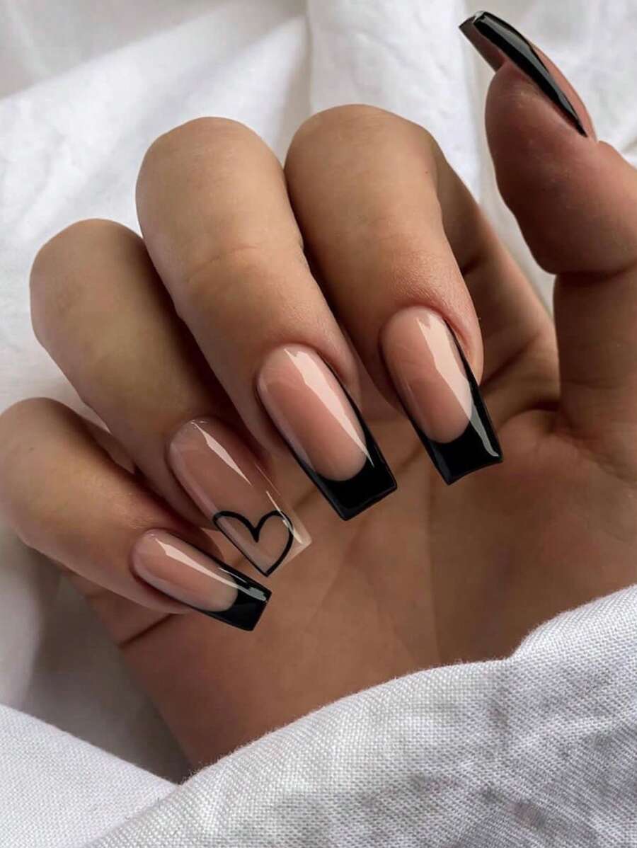 Lãng mạn hơn với 24 chiếc Móng tay giả hình vuông màu đen kiểu Pháp dài & 1 Dũa móng tay & 1 tờ băng dính dành cho phụ nữ và trẻ em gái Dụng cụ bấm móng tay kiểu Pháp - màu đen - Xem 1