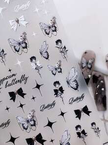 1 tờ Nhãn dán nghệ thuật móng tay có họa tiết nơ - Đen và trắng - Xem 3