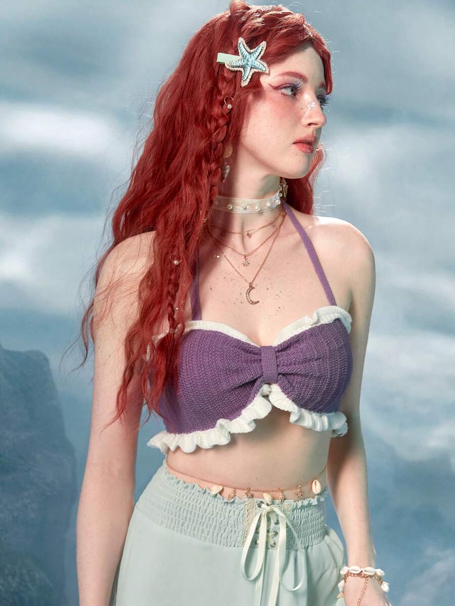 ROMWE Fairycore Mermaid Ruffle Trim Halter Knit Top - Purple - View 1