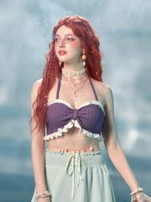 ROMWE Fairycore Mermaid Ruffle Trim Halter Knit Top - Purple - View 5