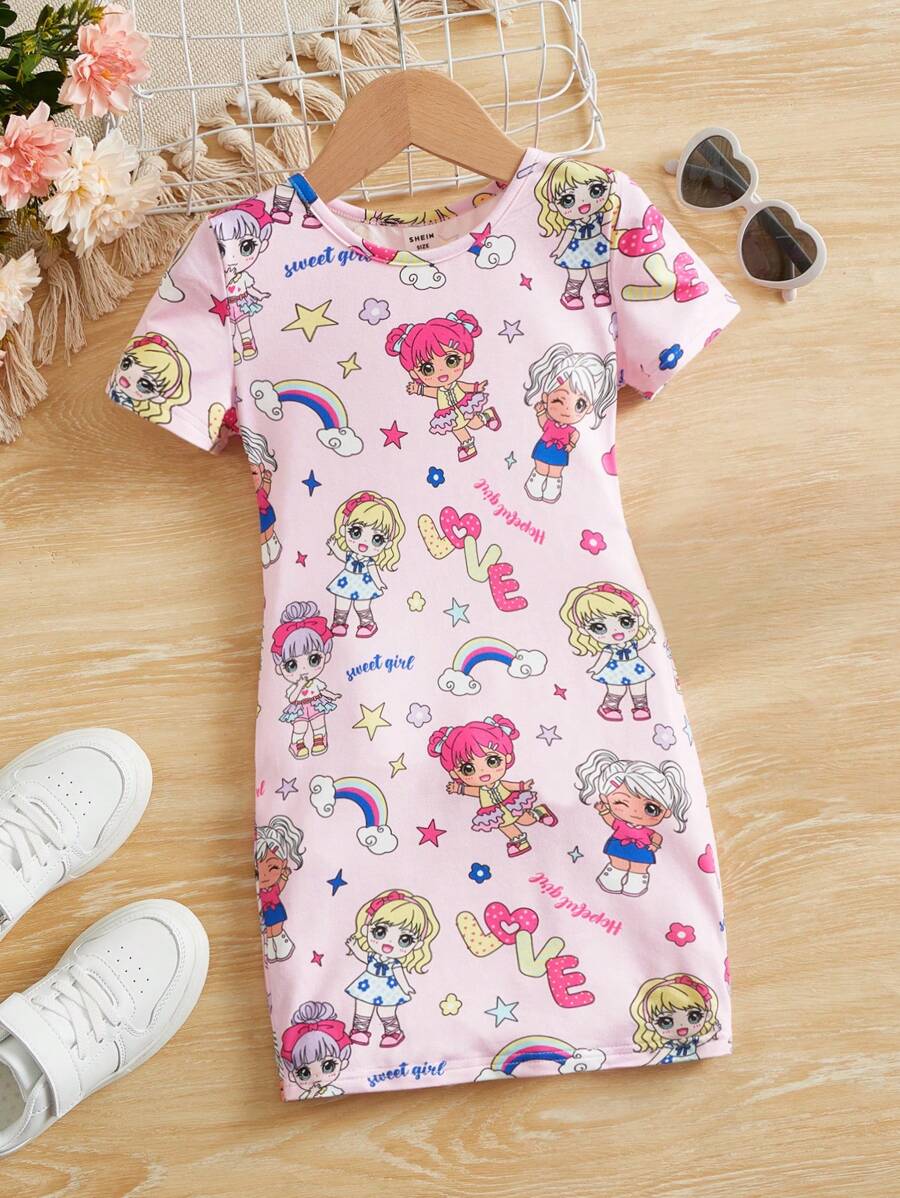 SHEIN Leap Crew Đầm midi giản dị cho bé gái dễ thương họa tiết đan - Nhiều màu - Xem 1