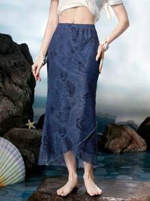 ROMWE Fairycore Mermaid Starfish Print Tulip Hem Skirt - Navy Blue - View 1