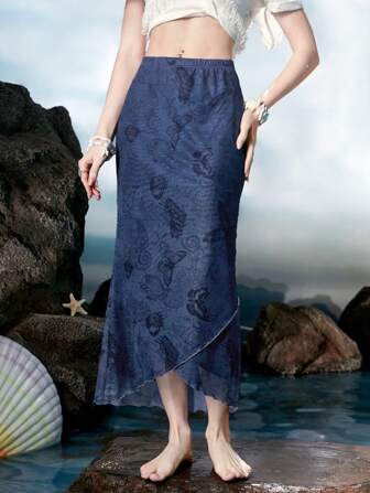 Fairycore حورية البحر تنورة بطباعة نجم البحر حافة توليب