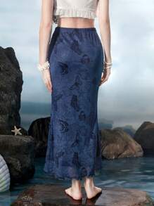 ROMWE Fairycore Mermaid Starfish Print Tulip Hem Skirt - Navy Blue - View 2