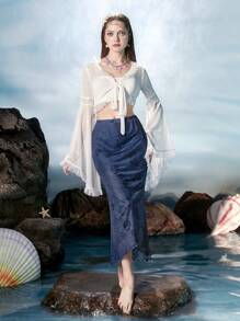 ROMWE Fairycore Mermaid Starfish Print Tulip Hem Skirt - Navy Blue - View 3