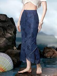 ROMWE Fairycore Mermaid Starfish Print Tulip Hem Skirt - Navy Blue - View 4