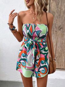 Breezaya Allover Print Belted Tube Romper - Multicolor - View 1