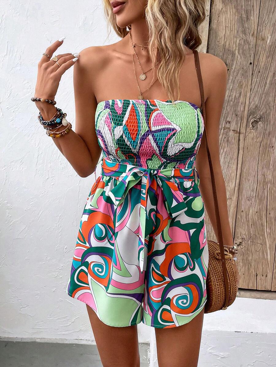 Breezaya Allover Print Belted Tube Romper - Multicolor - View 1