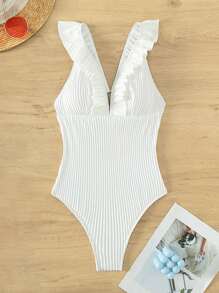 Summer Ruffle Trim Plunging Neck One Piece Swimsuit - White - View 3