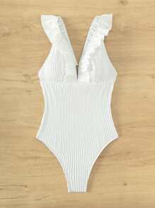 Summer Ruffle Trim Plunging Neck One Piece Swimsuit - White - View 6
