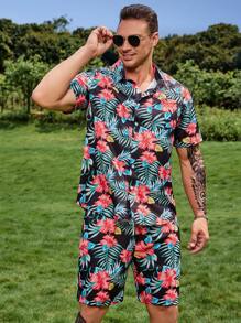 Manfinity RSRT 男士隨機熱帶圖案襯衫和短褲 - 彩色 - 查看 1