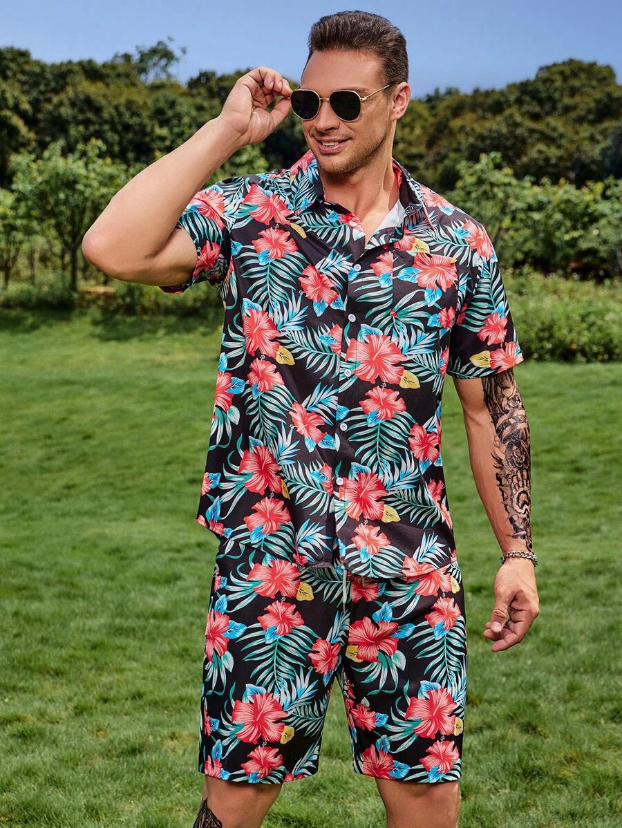 Manfinity RSRT 男士隨機熱帶圖案襯衫和短褲 - 彩色 - 查看 1