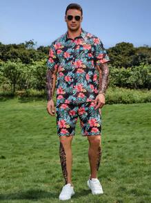 Manfinity RSRT 男士隨機熱帶圖案襯衫和短褲 - 彩色 - 查看 3