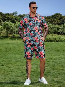 Manfinity RSRT 男士隨機熱帶圖案襯衫和短褲 - 彩色 - 查看 5