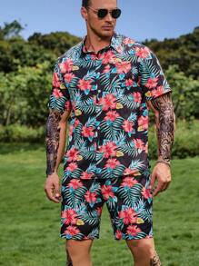 Manfinity RSRT 男士隨機熱帶圖案襯衫和短褲 - 彩色 - 查看 6