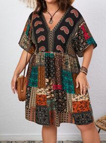 Breezaya Plus Size Boho Patchwork Print Batwing Sleeve Smock Dress, For Summer - Multicolor - View 3