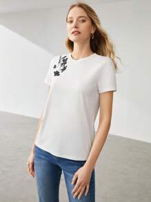 MOTF PREMIUM Camiseta lantejoula detalhe da flor