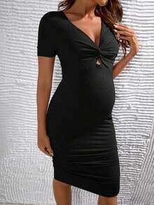 SHEIN Váy Bà bầu Cắt ra Xù xoắn lại màu trơn Giải trí - màu đen - Xem 3