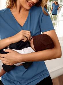 SHEIN Maternity V Neck Nursing Tee - Dusty Blue - View 1