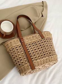 鏤空設計草編包雙把手度假 - 卡其色 - 查看 2