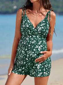 SHEIN Maternidad Mono de tirantes con estampado floral de hombros con cordón - Verde Oscuro - Ver 1