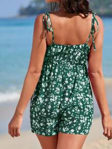 SHEIN Maternidad Mono de tirantes con estampado floral de hombros con cordón - Verde Oscuro - Ver 6