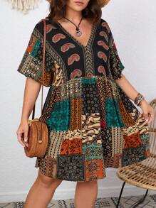 Breezaya Plus Size Boho Patchwork Print Batwing Sleeve Smock Dress, For Summer - Multicolor - View 5