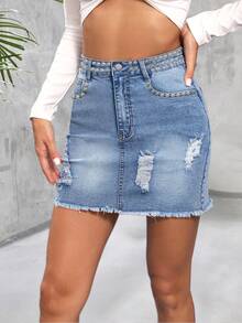 破洞毛邊牛仔半身裙