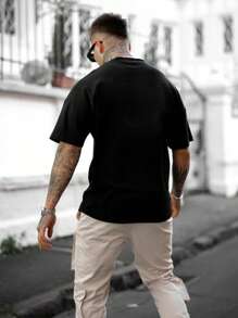 男士字母圖案落肩T恤 - 黑色 - 查看 2