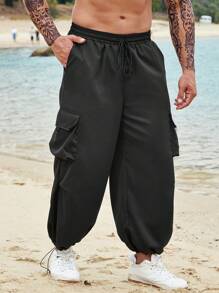 Manfinity Men Flap Pocket Side Drawstring Waist Cargo Trousers - Black - View 4