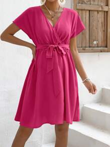 SHEIN Maternity Solid Wrap Detail Belted Dress - Hot Pink - View 3