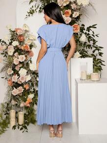 Loomaby Maternity Surplice Neck Butterfly Sleeve Pleated Hem Belted Dress