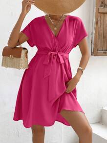 SHEIN Maternity Solid Wrap Detail Belted Dress - Hot Pink - View 5
