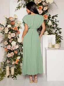 SHEIN Maternity Ruffle Trim Pleated Belted Dress - Mint Green - View 2