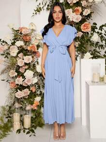 Loomaby Maternity Surplice Neck Butterfly Sleeve Pleated Hem Belted Dress