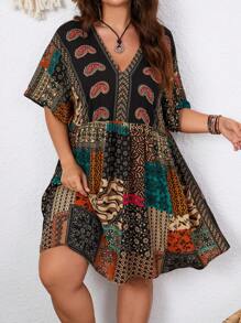 Breezaya Plus Size Boho Patchwork Print Batwing Sleeve Smock Dress, For Summer - Multicolor - View 7